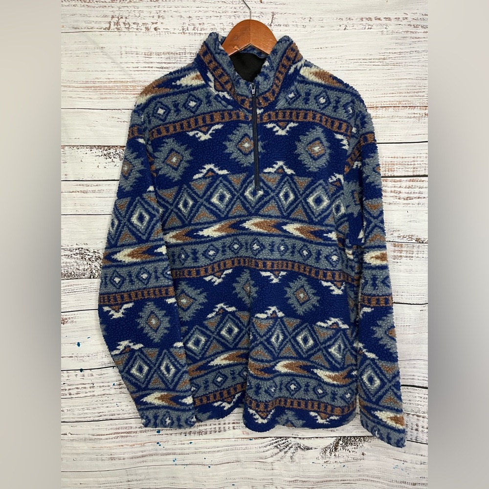 Wrangler Jacket Men's Large Blue Aztec Southwestern Sherpa Pullover Quarter Zip